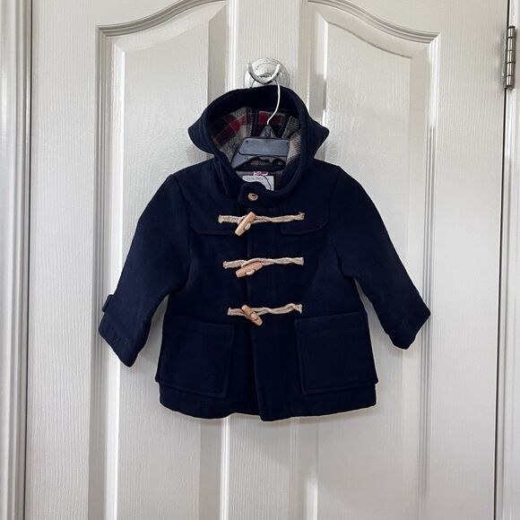 Zara Baby Boy Navy Blue Wool Blend Toggle Coat Jacket Hooded Size 12-18 Months - Picture 1 of 15